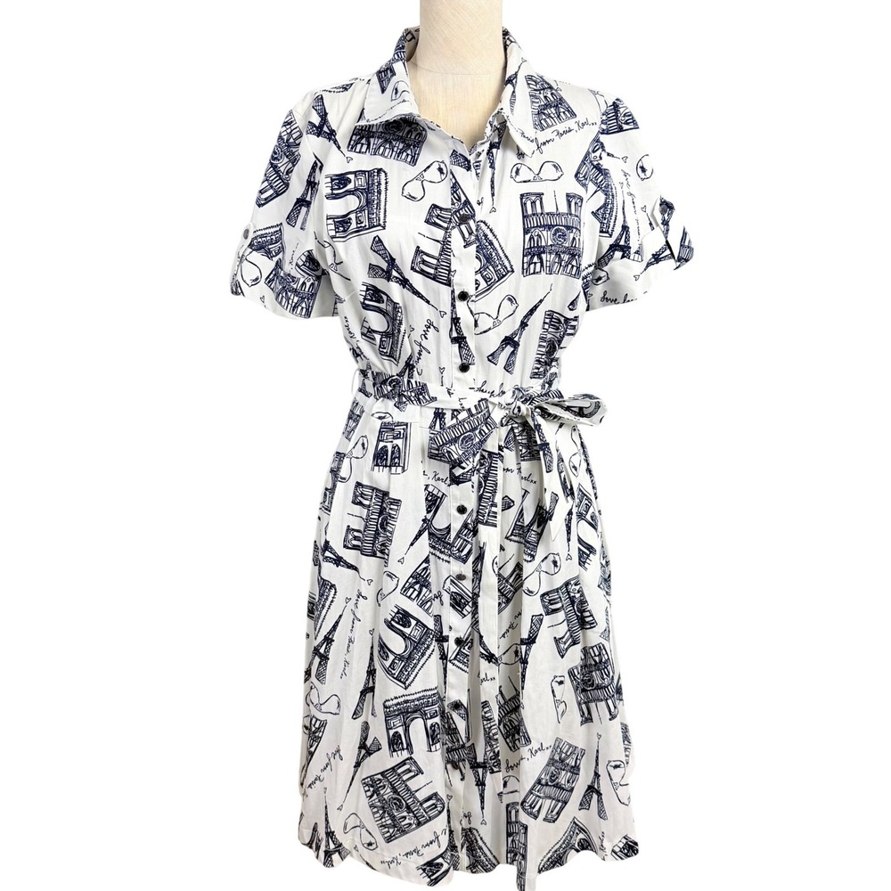 NEW Karl Lagerfeld Paris White Navy Blue Paris Print Belted Shirt Dress 12